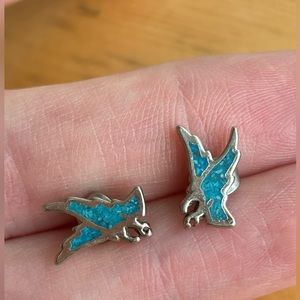 Silver Crushed Inlaid Turquoise Eagle Earrings